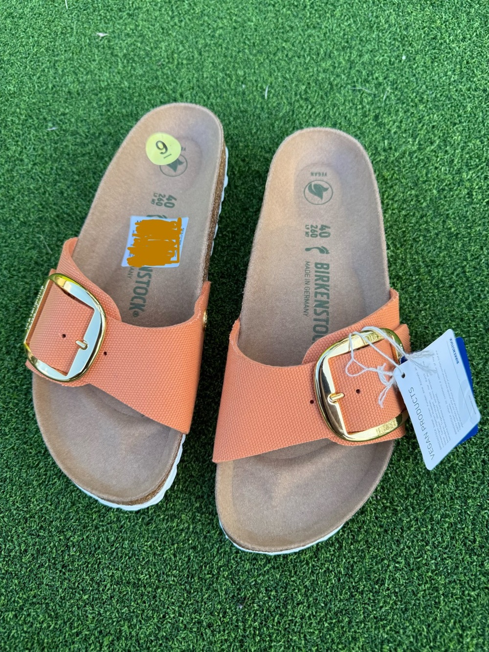 Birkenstock Madrid Single Strap Slide in papaya Orange with big Gold Buckles